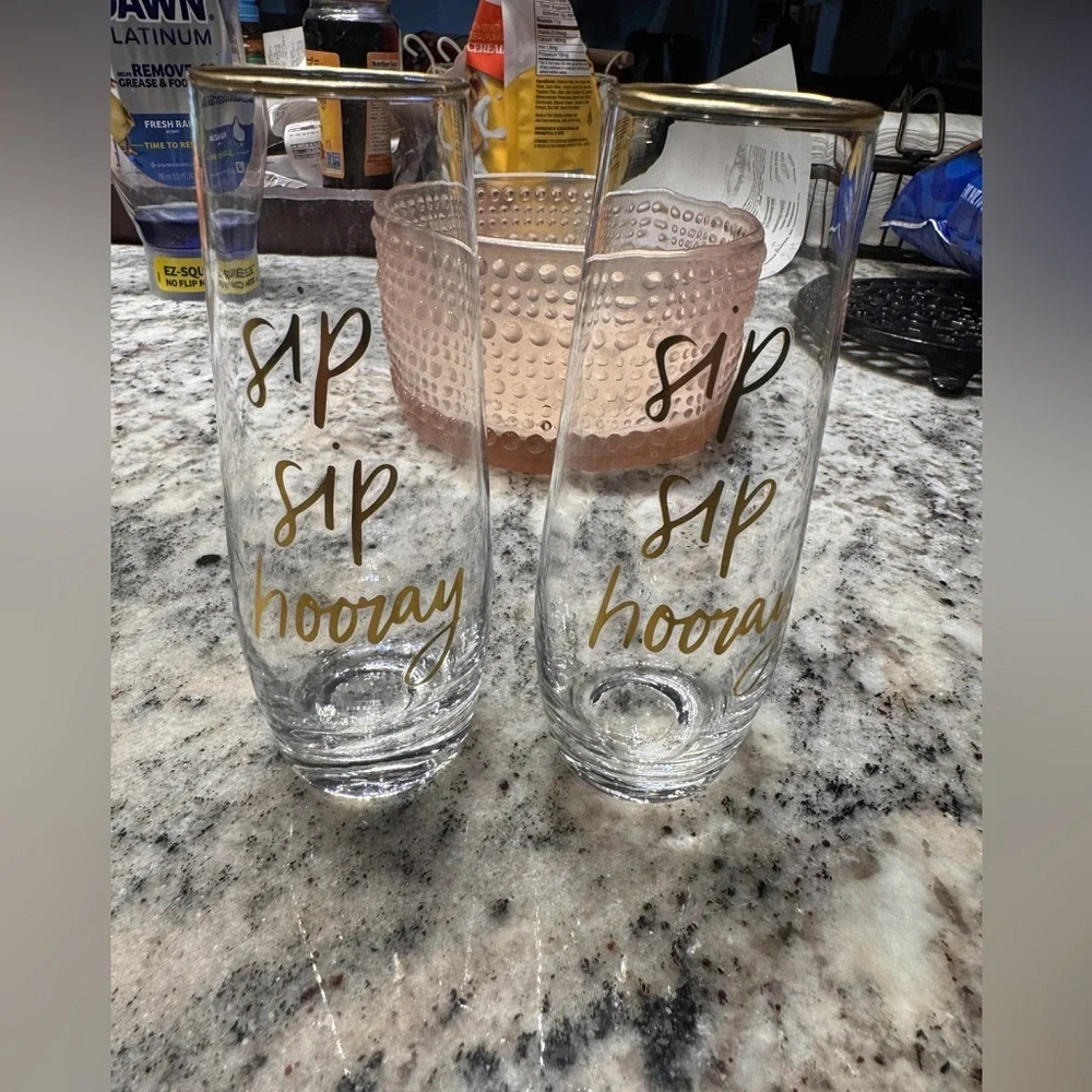 Gold Rimmed Sip Sip Hooray Glasses 6in tall 2in wide